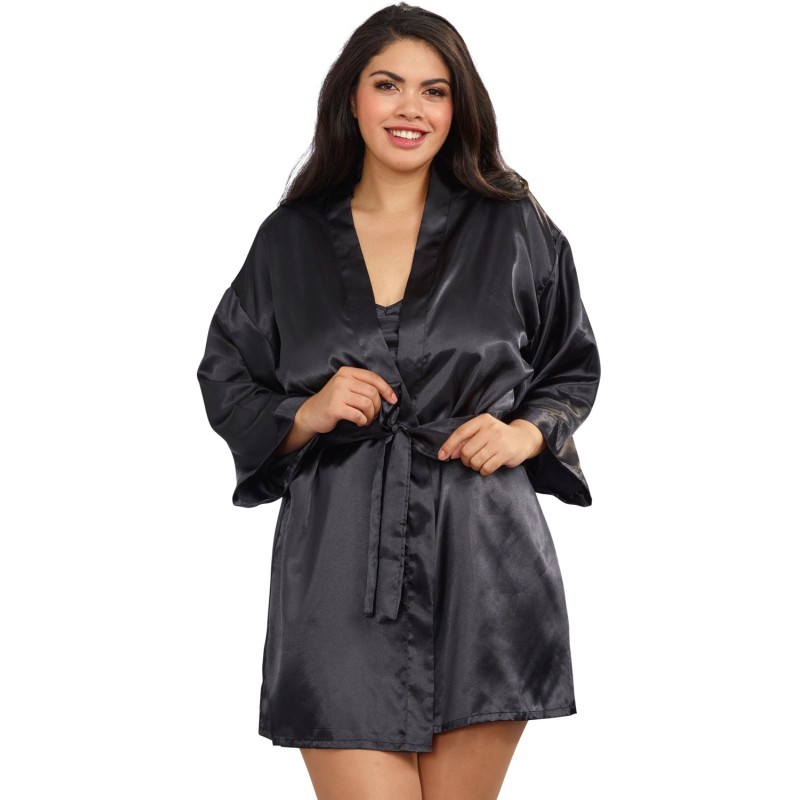 Nuisette grande taille noire avec peignoir satinés - DG3717XBLK Nuisette grande taille noire avec peignoir satinés - DG3717XBLK