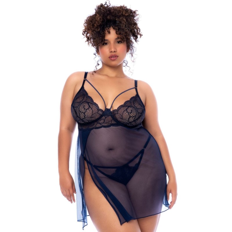 Nuisette grande taille bleu nuit et string 