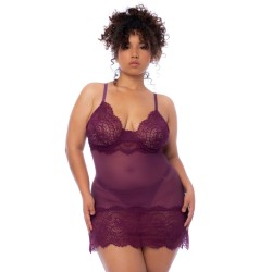 Nuisette en dentelle grande taille bordeaux et string assorti 